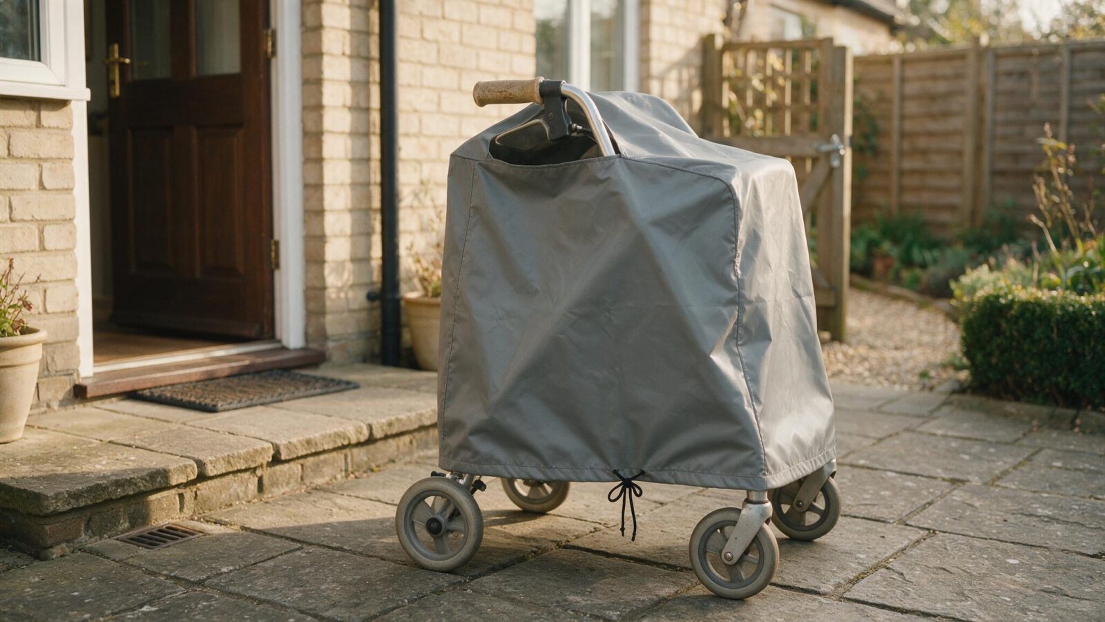 Graue Schutzhuelle mit Zugband ist ueber einen Rollator vor der Haustuer gezogen