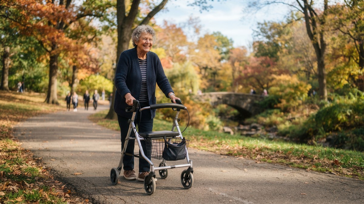Aeltere Frau geht mit ihrem Rollator durch einen herbstlichen Park