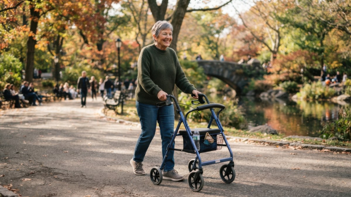 Aeltere Frau mit kurzen grauen Haaren geht im Herbst mit einem Rollator durch einen Park, unter dem Sitz eine Tasche