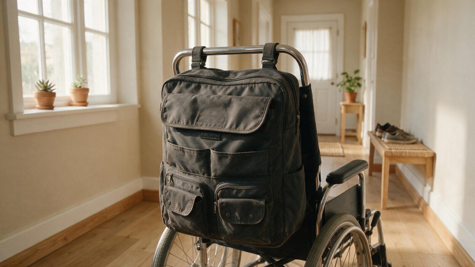 Praktische Tasche mit mehreren Fächern hängt an der Rückenlehne eines Rollstuhls.