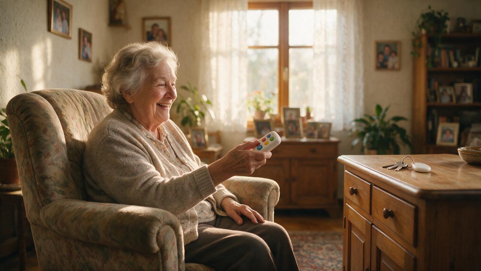 Seniorin drueckt die grossen Tasten eines Funk-Schluesselfinders, der Schluesselbund mit Empfaenger liegt auf der Kommode