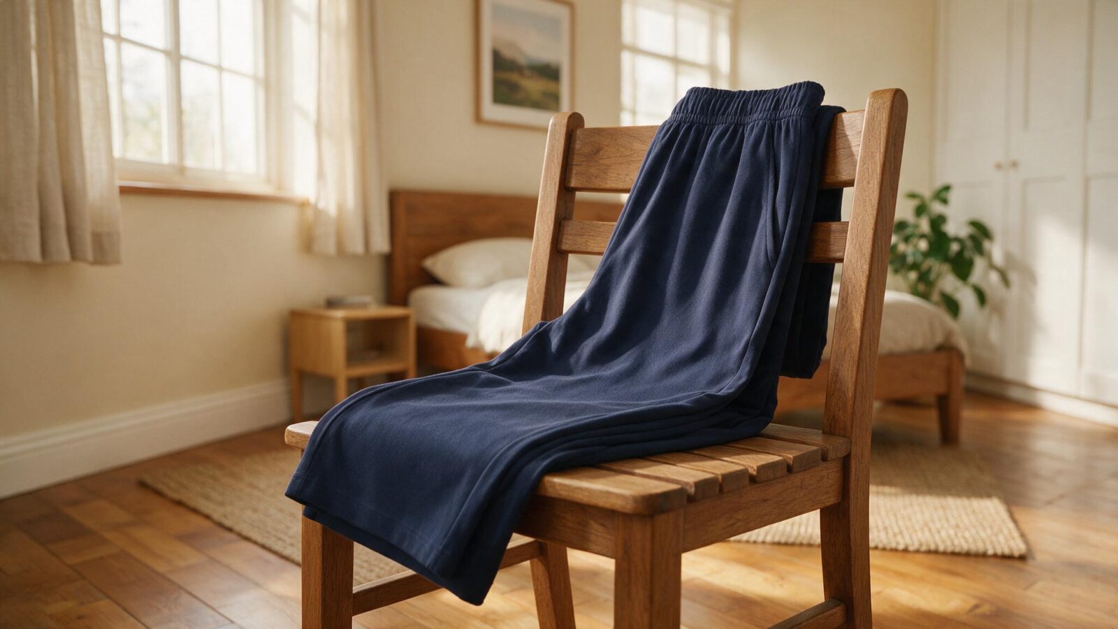 Bequeme Schlupfhose mit elastischem Bund liegt zusammengelegt auf einem Stuhl.