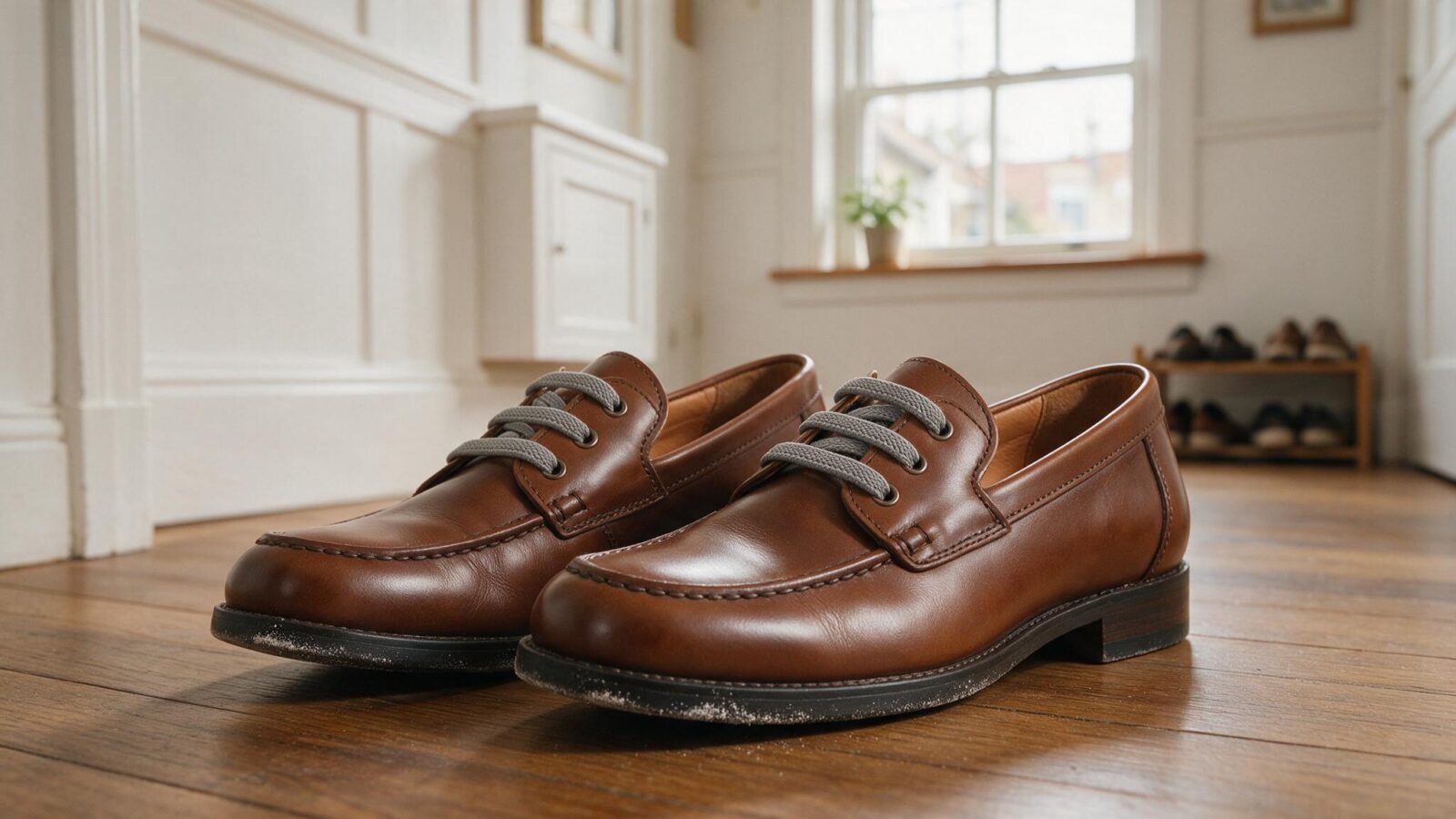 Braune Lederschuhe mit elastischen Schnürsenkeln stehen auf einem Holzboden im Flur.