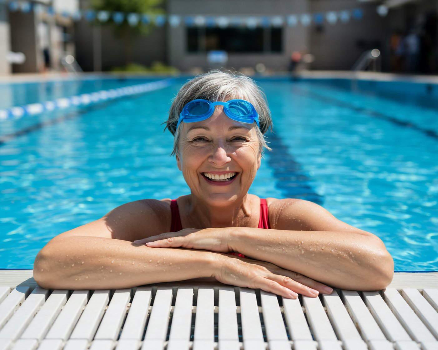 Laechelnde aeltere Frau mit blauer Schwimmbrille auf der Stirn lehnt am Beckenrand eines Schwimmbads
