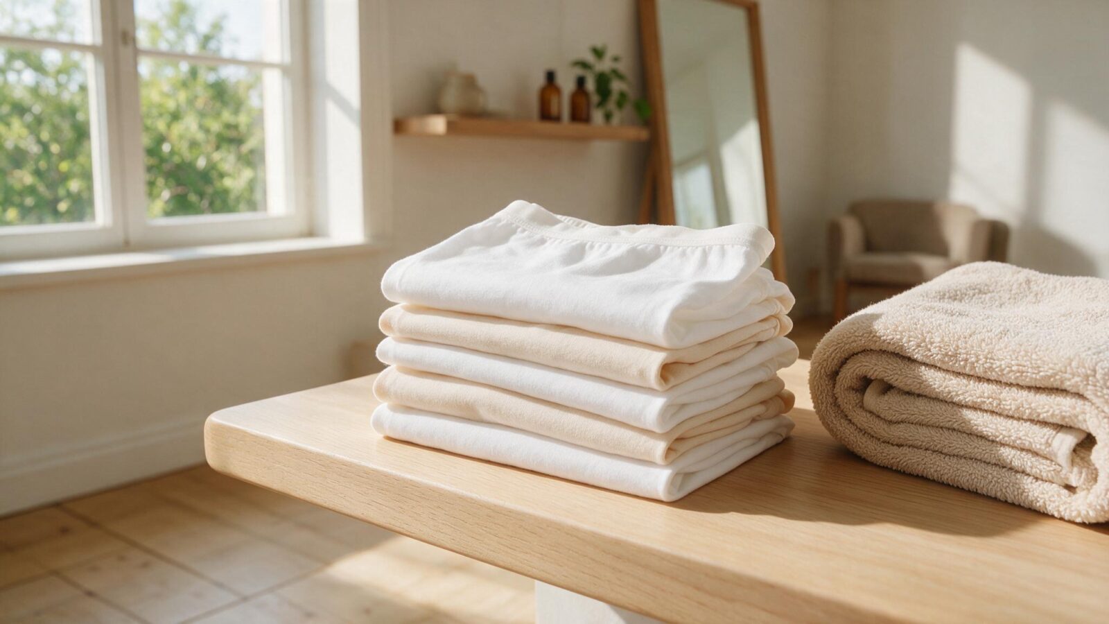 Weiche Baumwoll-Unterhosen in Weiss und Beige liegen gefaltet auf einer Holzablage