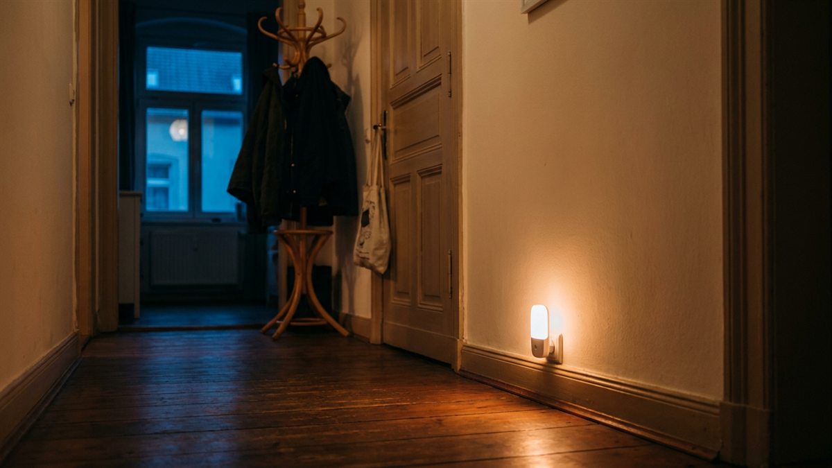 Dunkler Wohnungsflur am Abend, ein kleines Nachtlicht in der Steckdose beleuchtet den Boden vor der Tuer