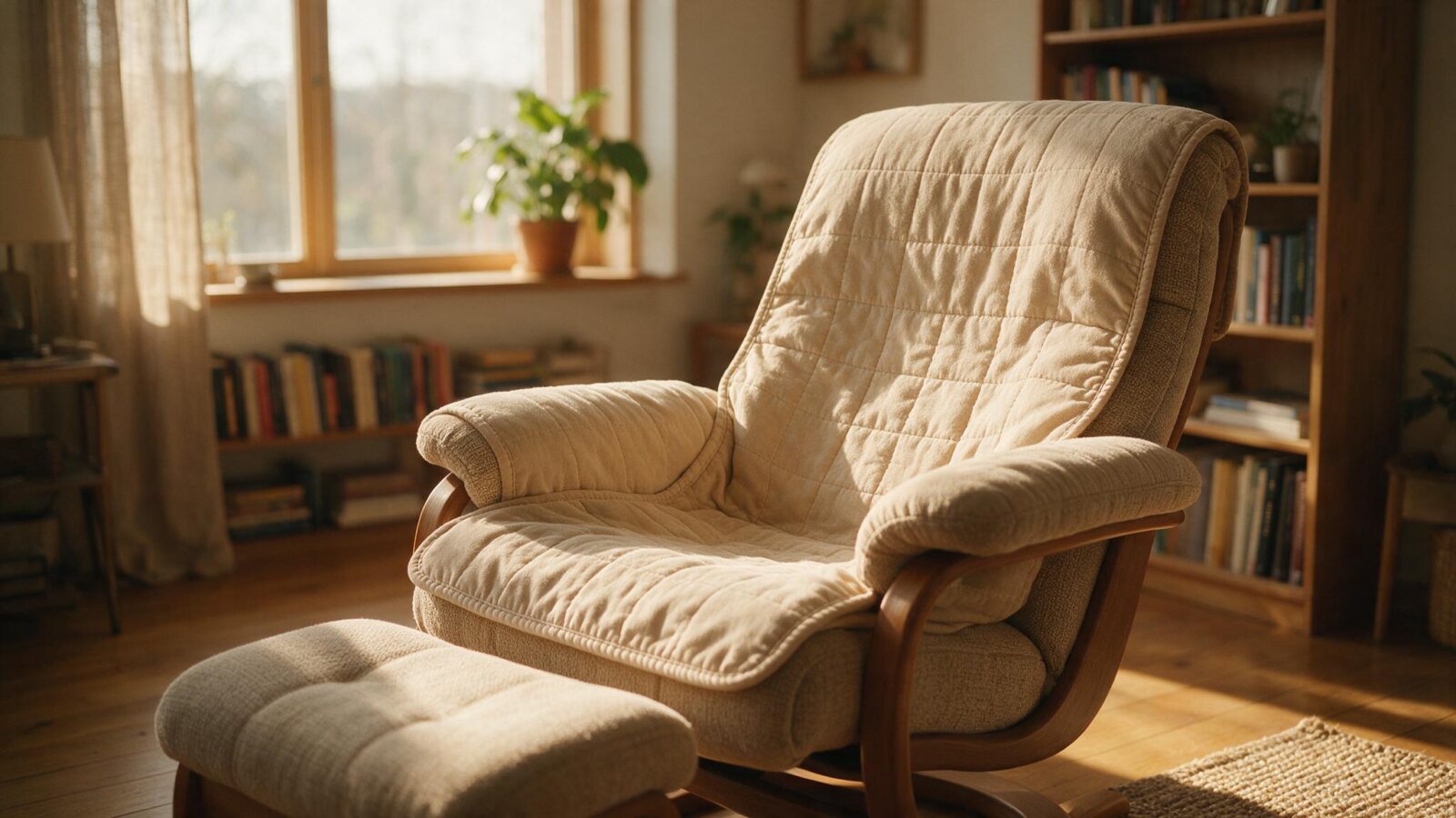 Gesteppter Sesselschoner liegt ueber Sitzflaeche und Rueckenlehne eines Relaxsessels