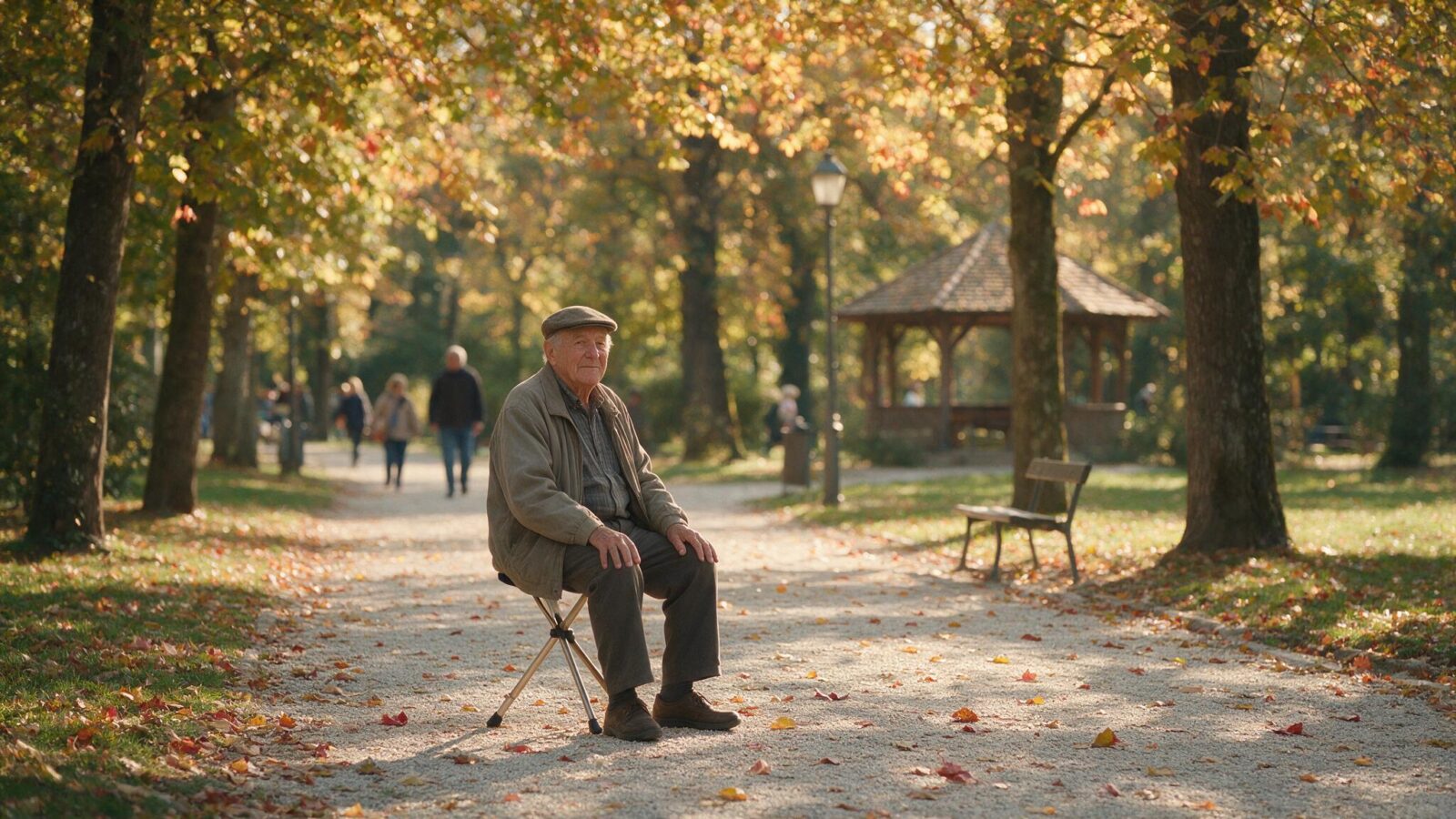 Älterer Mann macht auf einem Sitzstock im herbstlichen Park eine Pause.