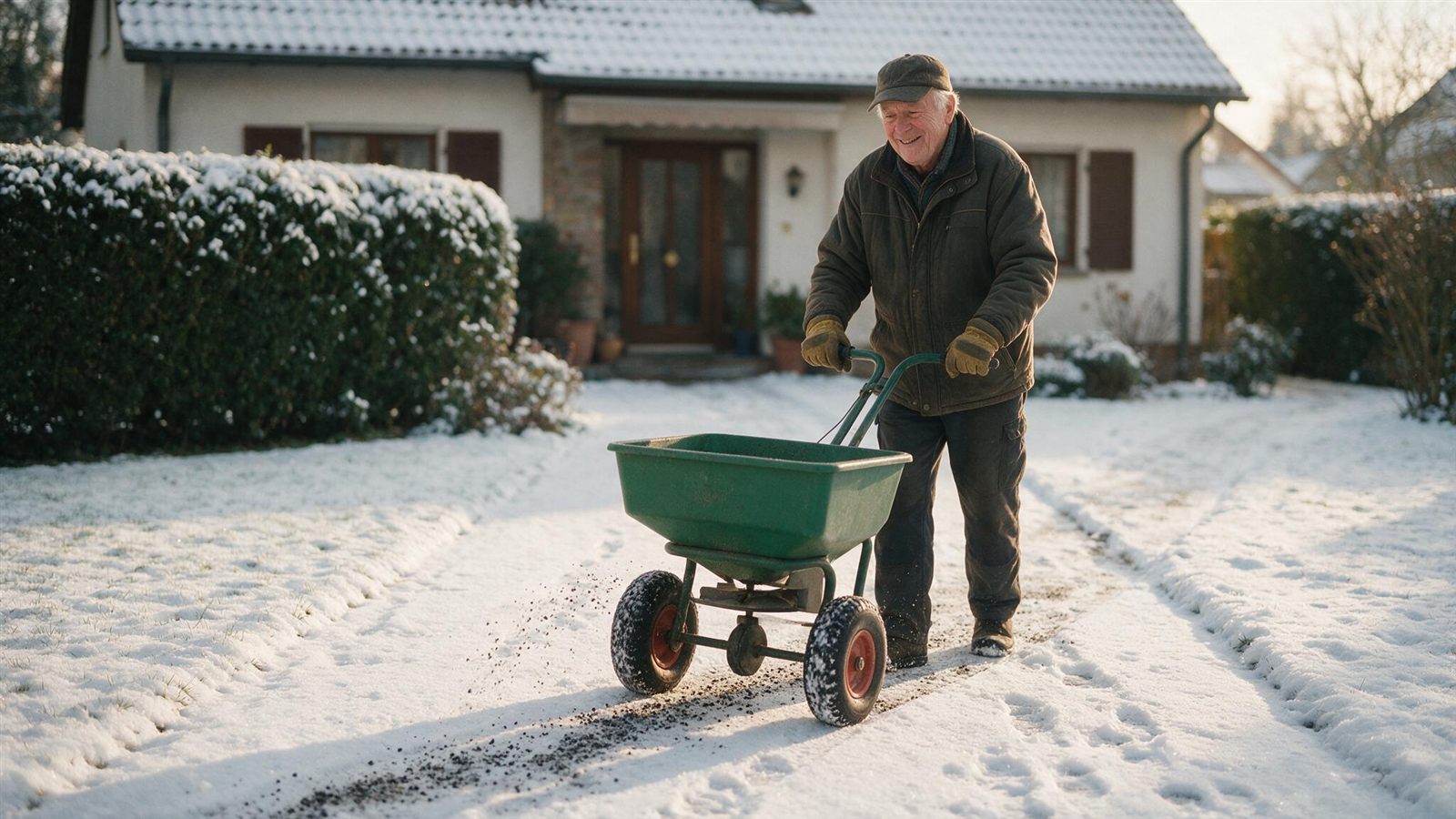 Aelterer Mann schiebt einen gruenen Streuwagen ueber einen verschneiten Gartenweg und streut Splitt gegen Glaette