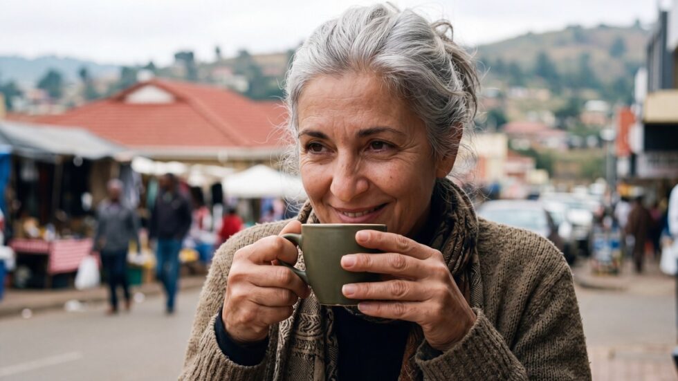 Seniorin in warmer Strickjacke mit Tasse
