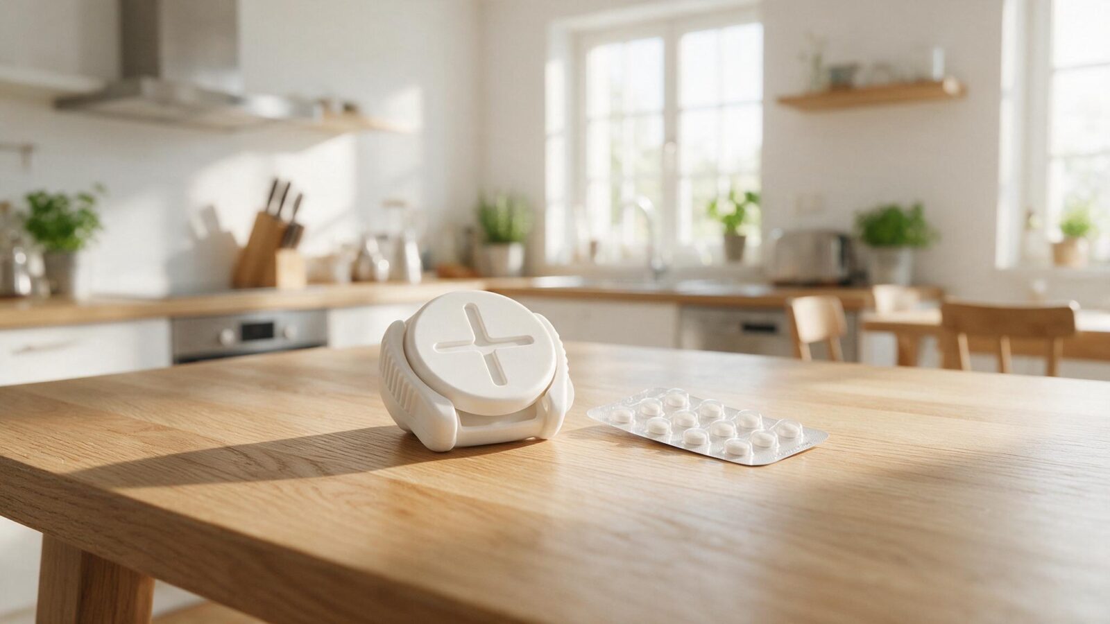 Weisse Tablettenausdrückhilfe liegt neben einem Blister mit Tabletten auf dem Küchentisch.