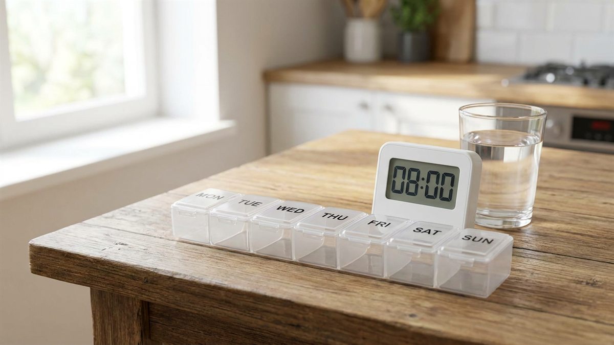 Wochen-Tablettenbox mit sieben beschrifteten Faechern neben einem kleinen Erinnerungstimer, der acht Uhr anzeigt