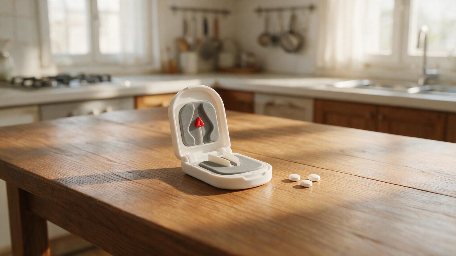 Geöffneter weisser Tablettenteiler steht mit Tabletten auf einem Küchentisch.