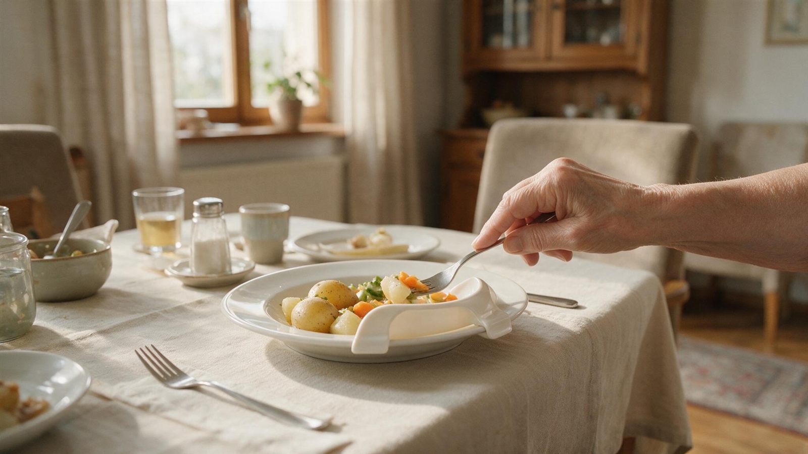 Hand einer aelteren Person schiebt Kartoffeln gegen die aufgesteckte Randerhoehung eines Tellers auf die Gabel