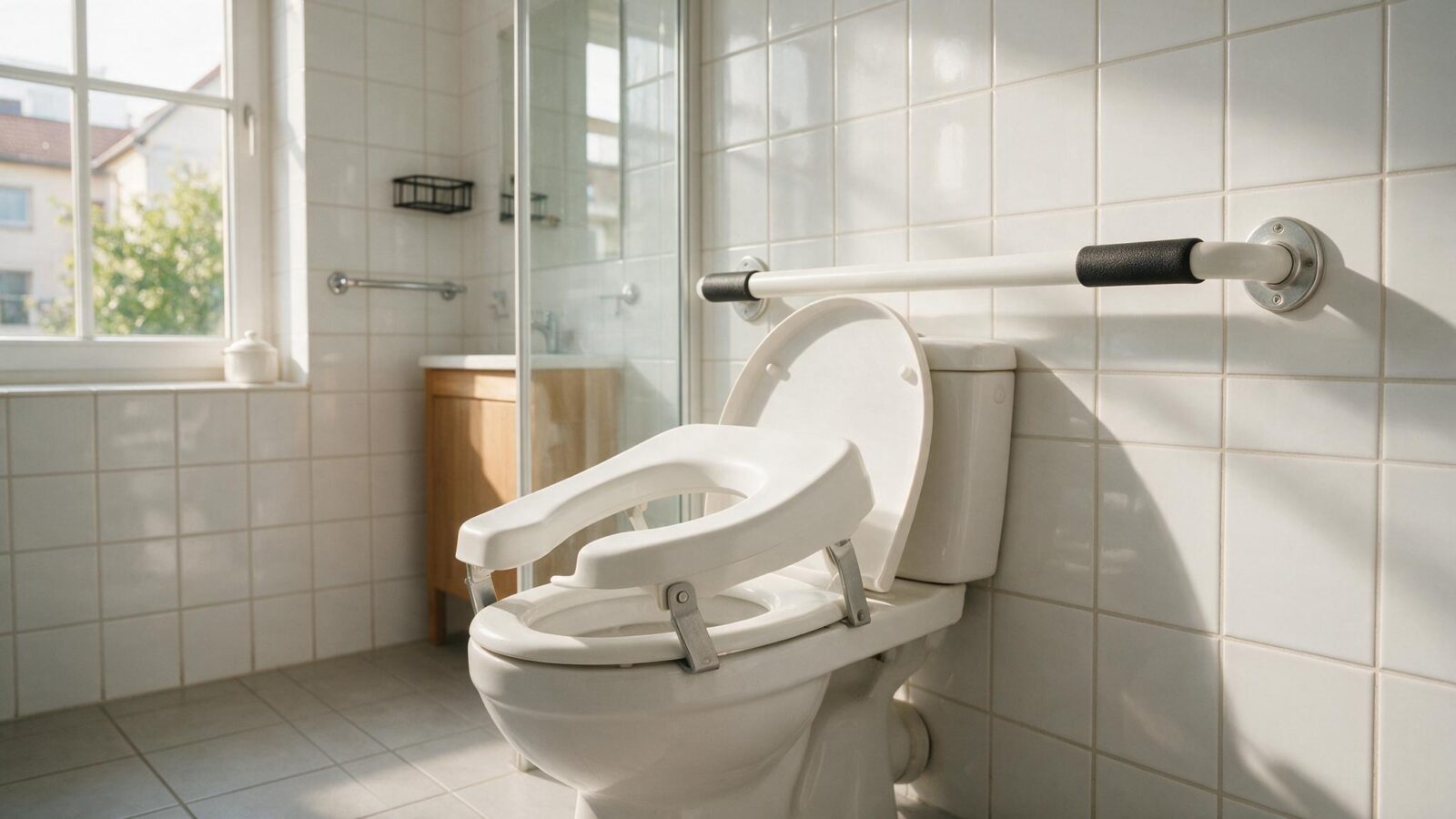 Weisser Toilettensitzerhöher ist auf einer Toilette montiert, an der Wand ein Haltegriff.