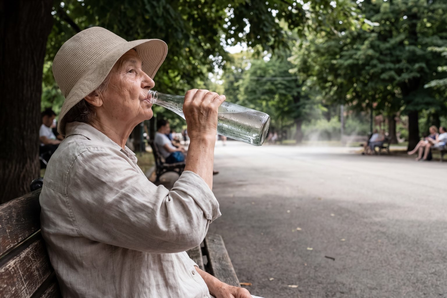 Aeltere Frau mit Sonnenhut sitzt auf einer Parkbank und trinkt Wasser aus einer Glasflasche
