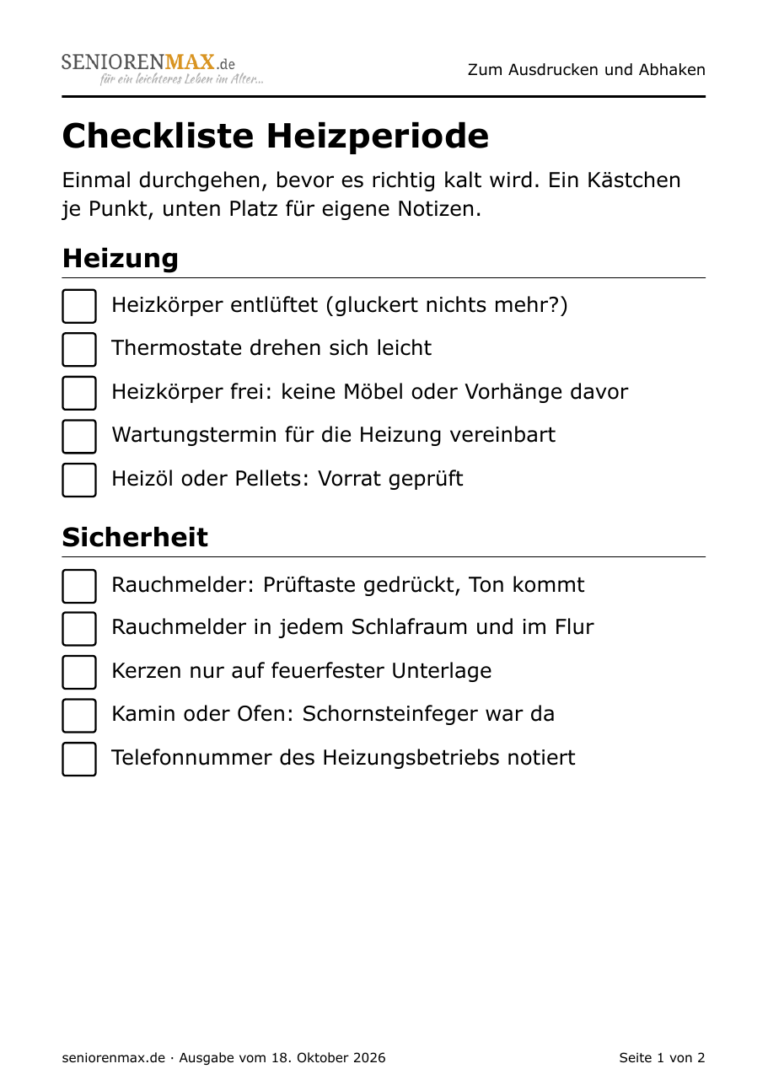Checkliste Heizperiode in Großdruck mit Kästchen zum Abhaken und Schreiblinien