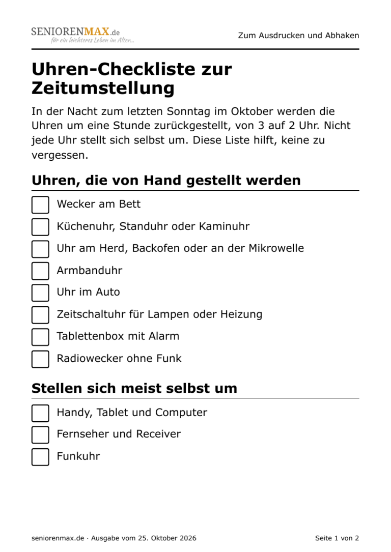 Uhren-Checkliste zur Zeitumstellung in Großdruck mit Kästchen zum Abhaken und Schreiblinien