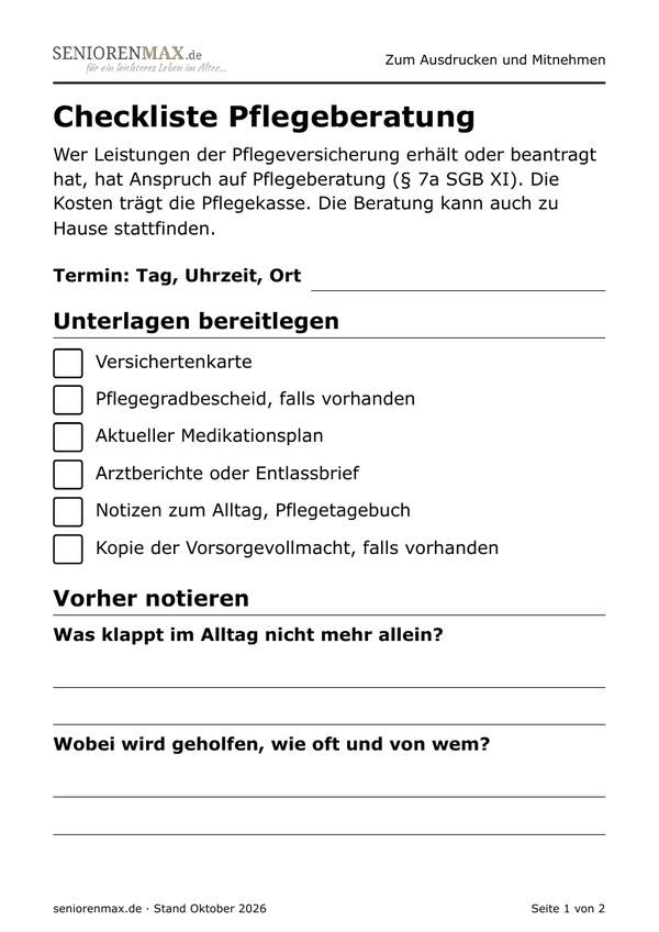 Vorschau der ersten Seite: Checkliste fuer die Pflegeberatung mit Unterlagen und Fragen