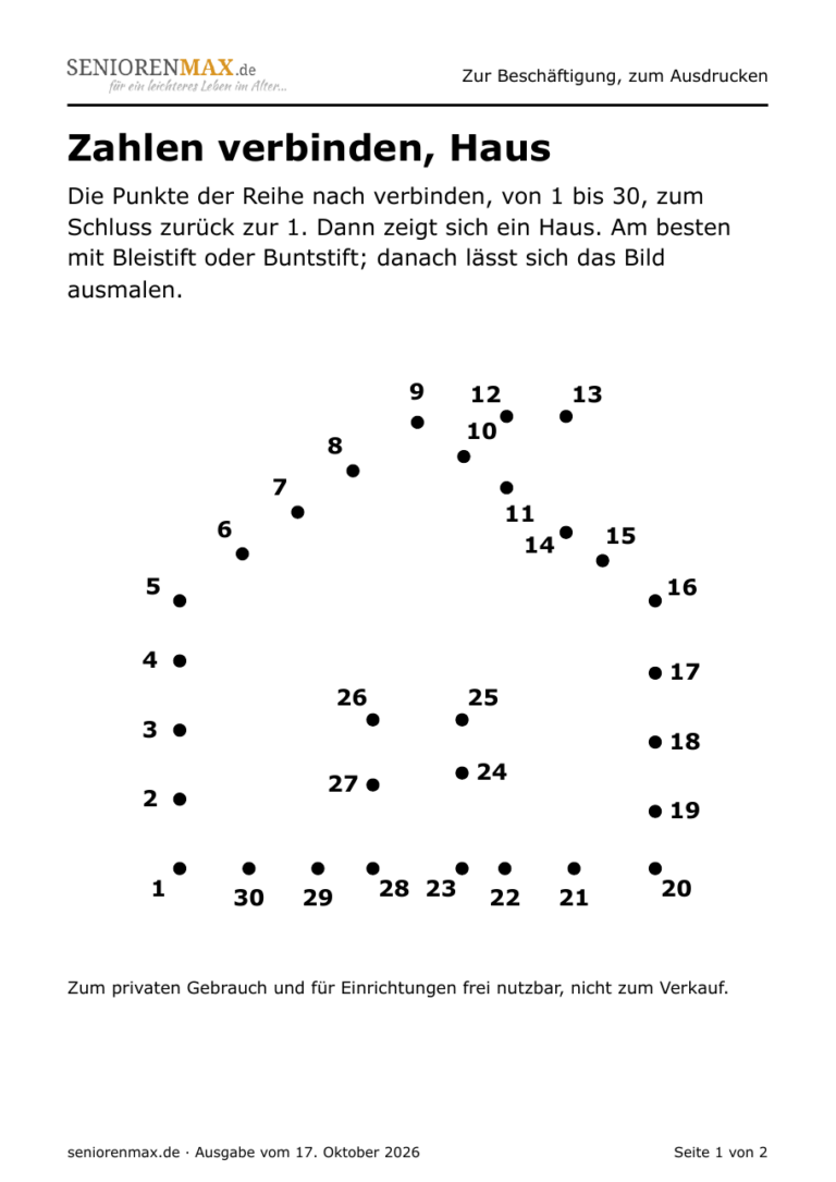 Punkte mit den Zahlen 1 bis 30, die verbunden ein Haus ergeben