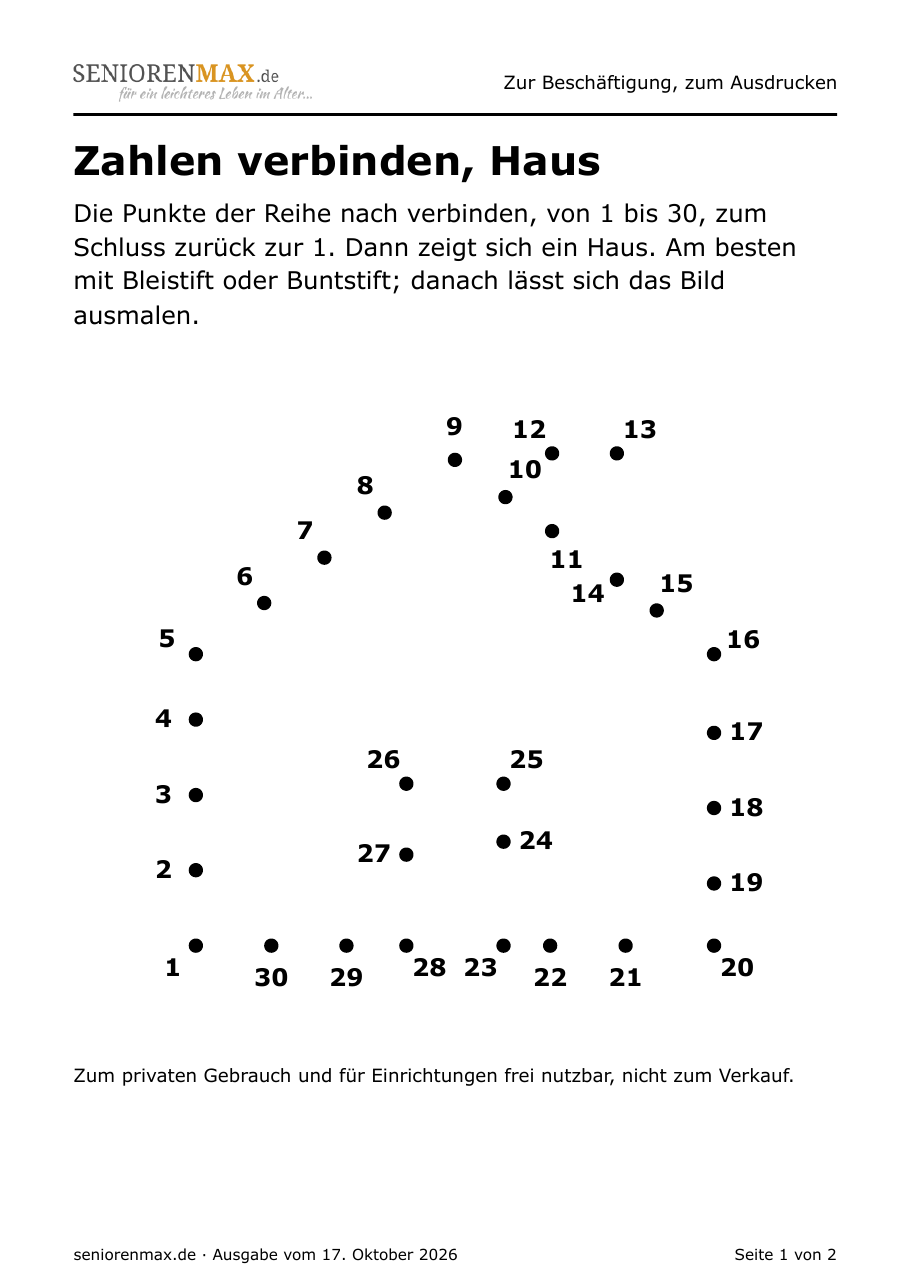 Punkte mit den Zahlen 1 bis 30, die verbunden ein Haus ergeben