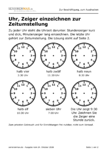 Sechs Ziffernblätter ohne Zeiger, darunter die Uhrzeit als Text
