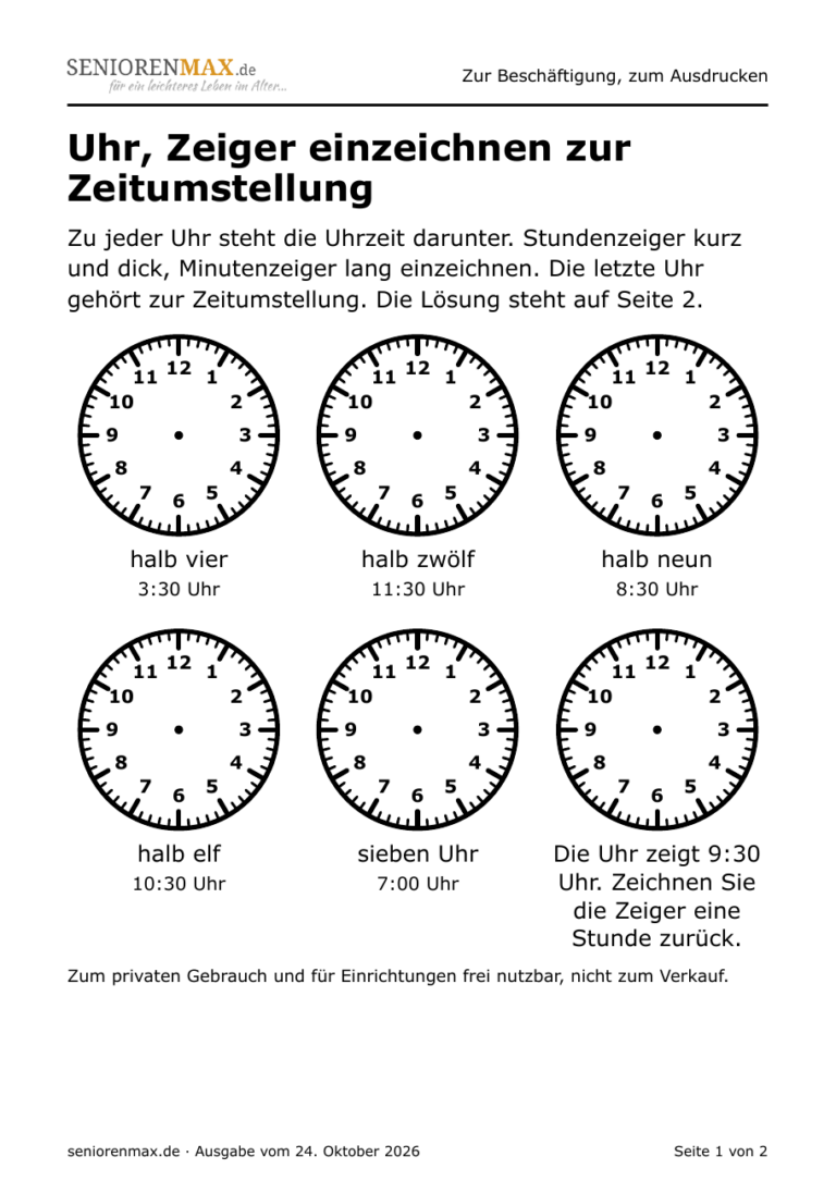 Vorschau: erste Seite der Vorlage Gedächtnistraining zum Ausdrucken: Uhr, Zeiger einzeichnen zur Zeitumstellung