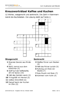 Kreuzworträtsel in Großdruck zum Thema Kaffee und Kuchen, 12 Wörter, Umschreibungen unter dem Gitter