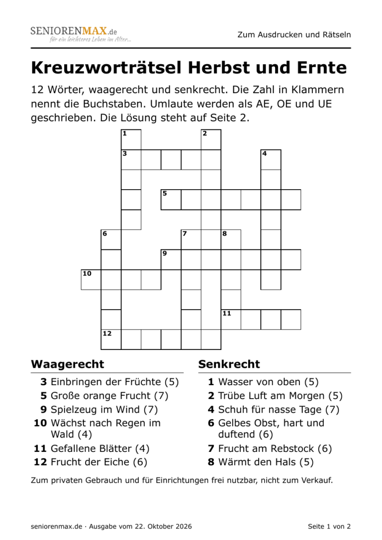 Kreuzworträtsel in Großdruck zum Thema Herbst und Ernte, 12 Wörter, Umschreibungen unter dem Gitter
