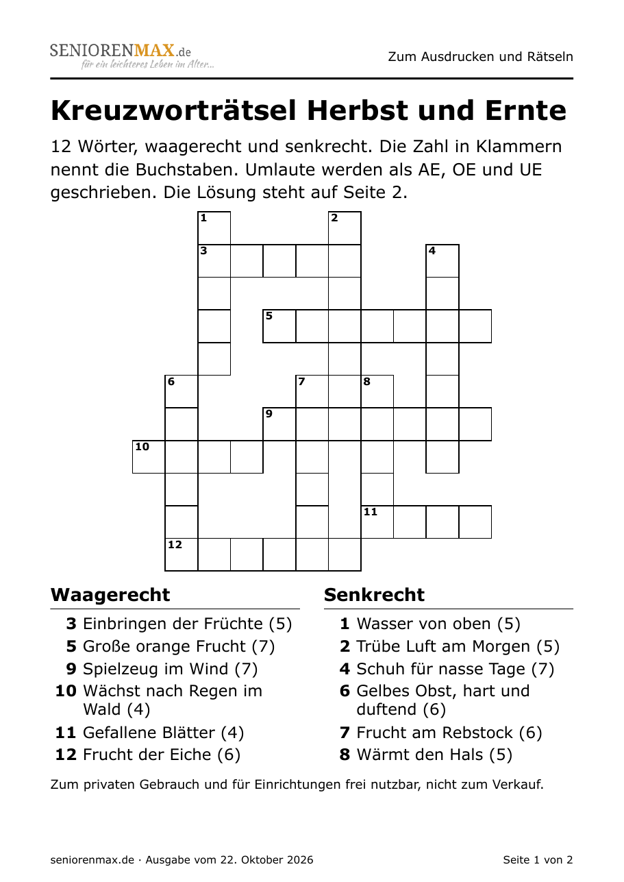 Kreuzworträtsel in Großdruck zum Thema Herbst und Ernte, 12 Wörter, Umschreibungen unter dem Gitter