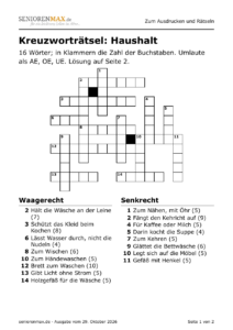Kreuzworträtsel in Großdruck zum Thema Haushalt von früher, 16 Wörter, Umschreibungen unter dem Gitter
