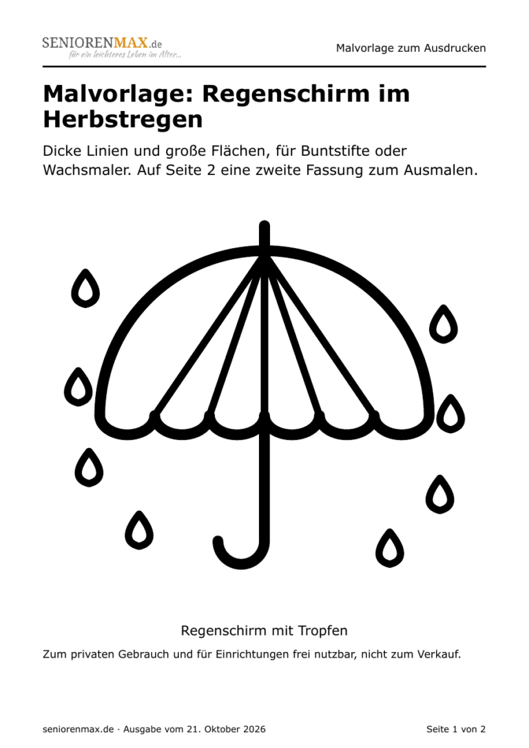 Vorschau: erste Seite der Vorlage Ausmalbild für Senioren: Regenschirm im Herbstregen