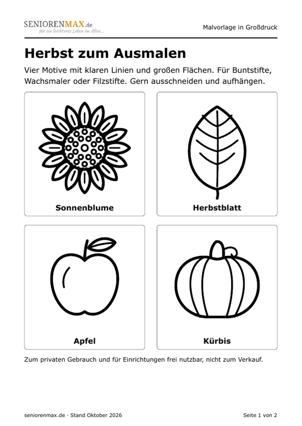Vorschau der Malvorlage Herbst zum Ausmalen: Sonnenblume, Herbstblatt, Apfel, Kuerbis