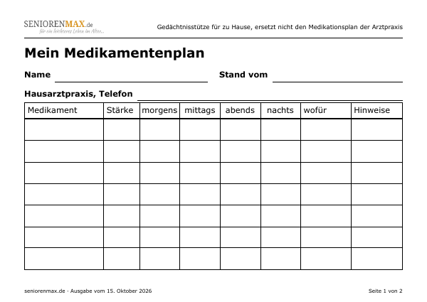 Vorlage: Medikamentenplan zum Ausfüllen