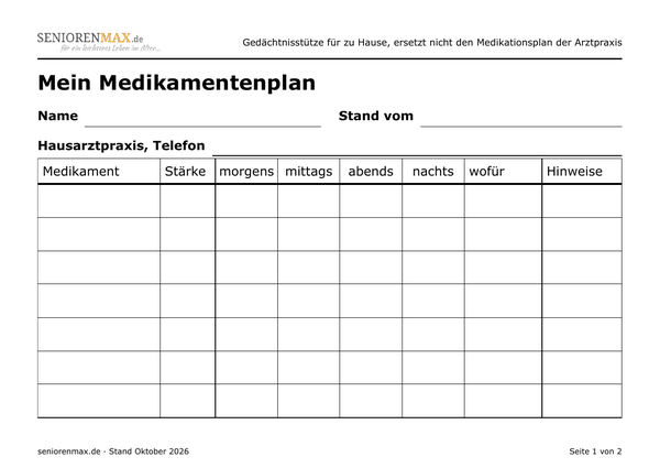 Vorschau der ersten Seite: Medikamentenplan zum Ausfuellen mit Spalten fuer morgens, mittags, abends und nachts