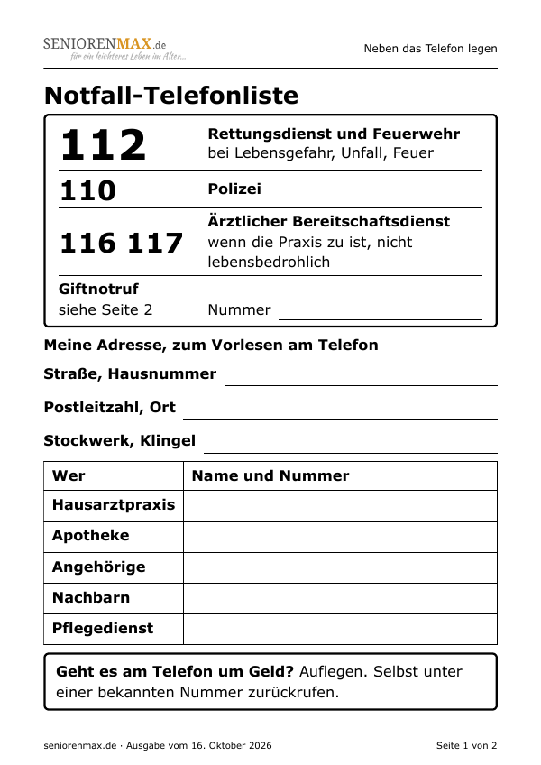 Vorschau der ersten Seite: Notfall-Telefonliste mit 112 in sehr grossen Ziffern, darunter 110, 116 117 und die eigene Adresse