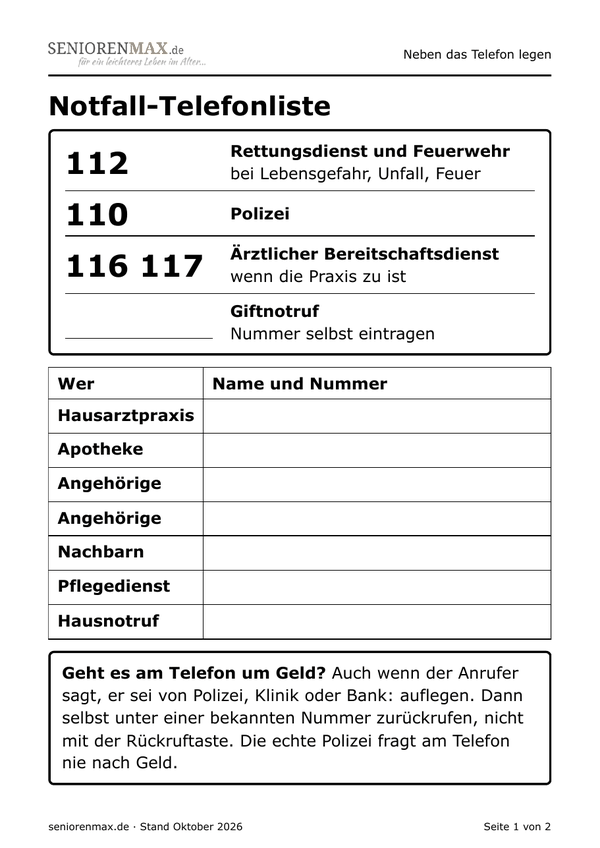 Vorschau der ersten Seite: Notfall-Telefonliste mit 112, 110 und 116 117 in grossen Ziffern
