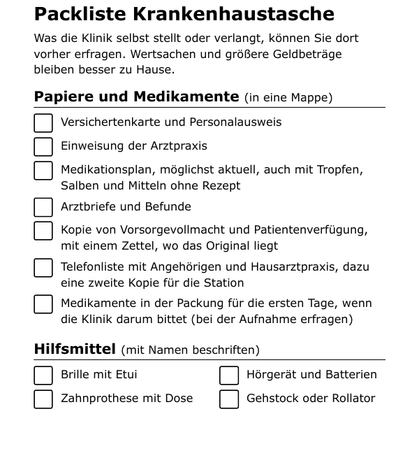 Vorlage: Packliste Krankenhaustasche