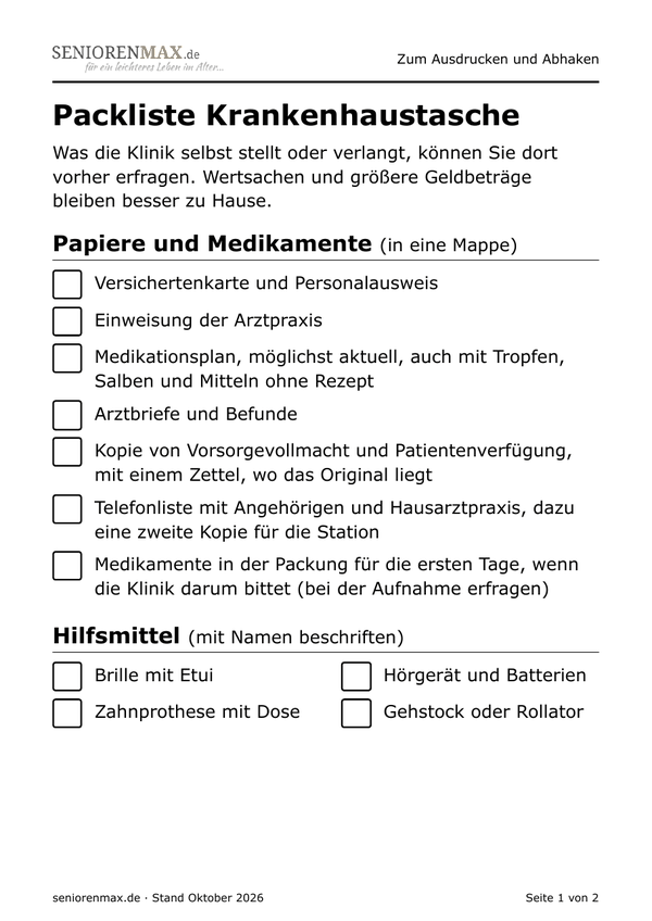 Vorschau der ersten Seite: Packliste Krankenhaustasche zum Abhaken, Grossdruck