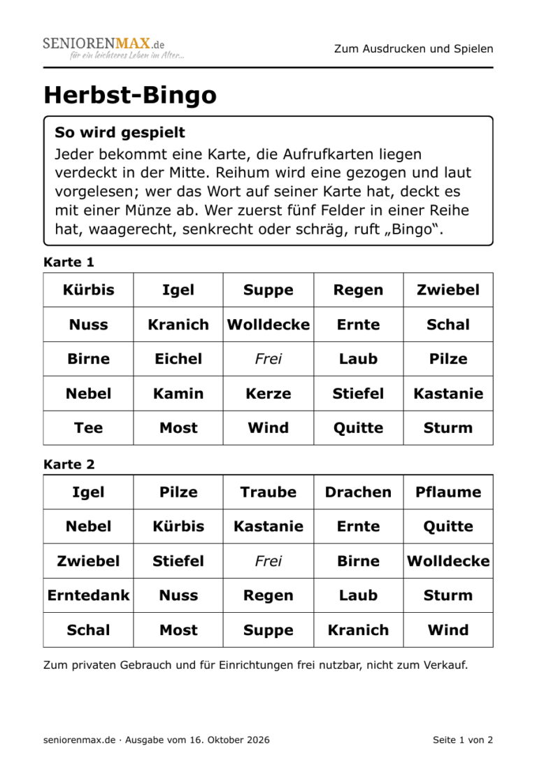 Zwei Bingo-Karten mit je fünf mal fünf Feldern und Herbst-Wörtern in Großdruck