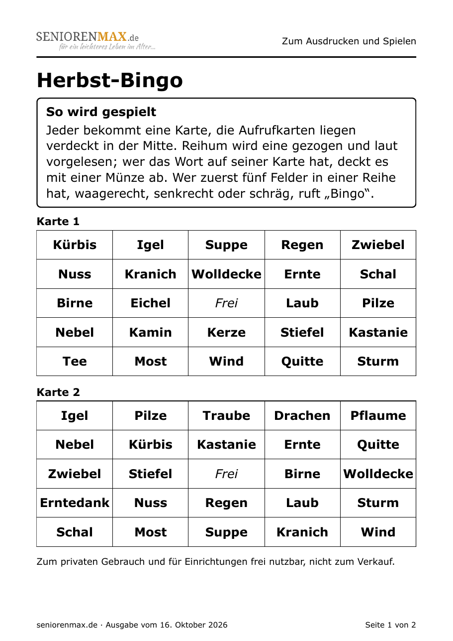 Zwei Bingo-Karten mit je fünf mal fünf Feldern und Herbst-Wörtern in Großdruck