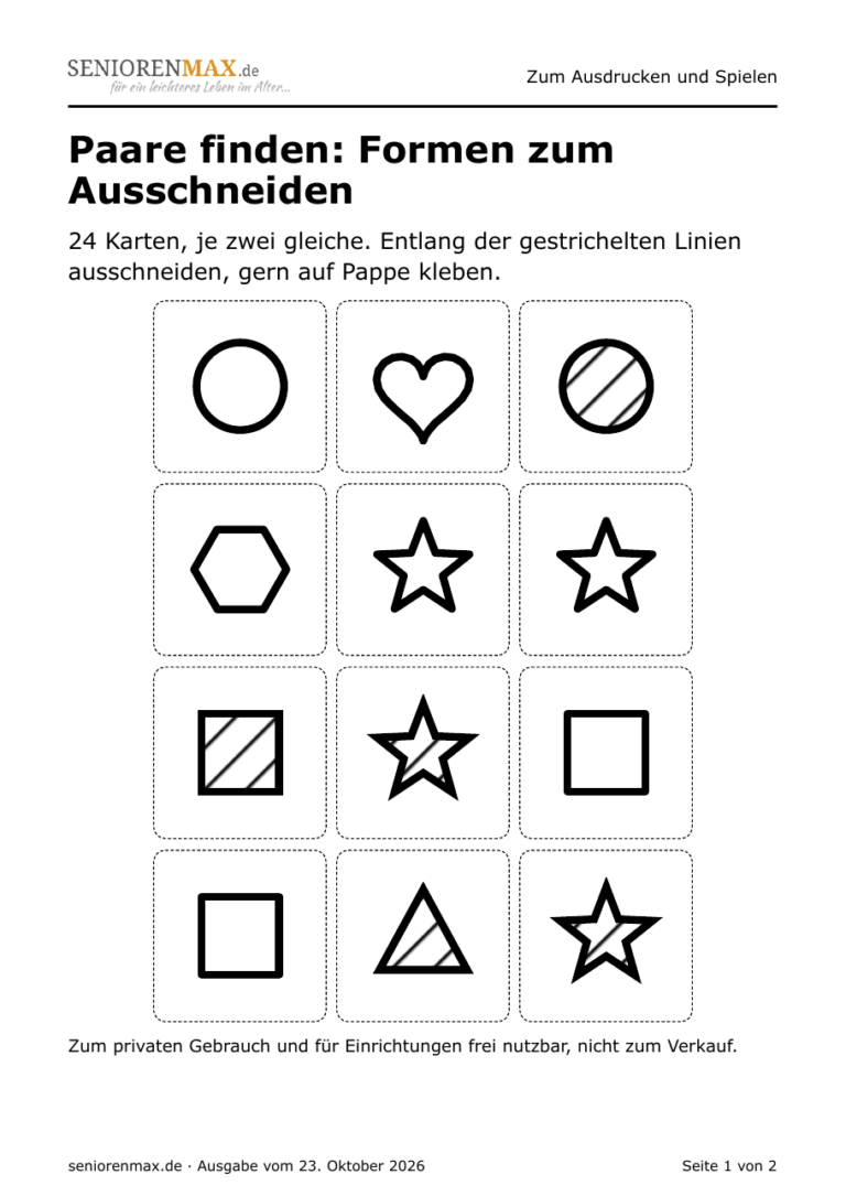 Legespiel Paare finden: 24 Karten mit geometrischen Formen, je zwei gleiche, zum Ausschneiden