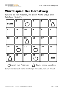 Spielplan mit 30 Feldern als Schlange, Start links oben, Ziel unten, einige Felder mit Symbolen