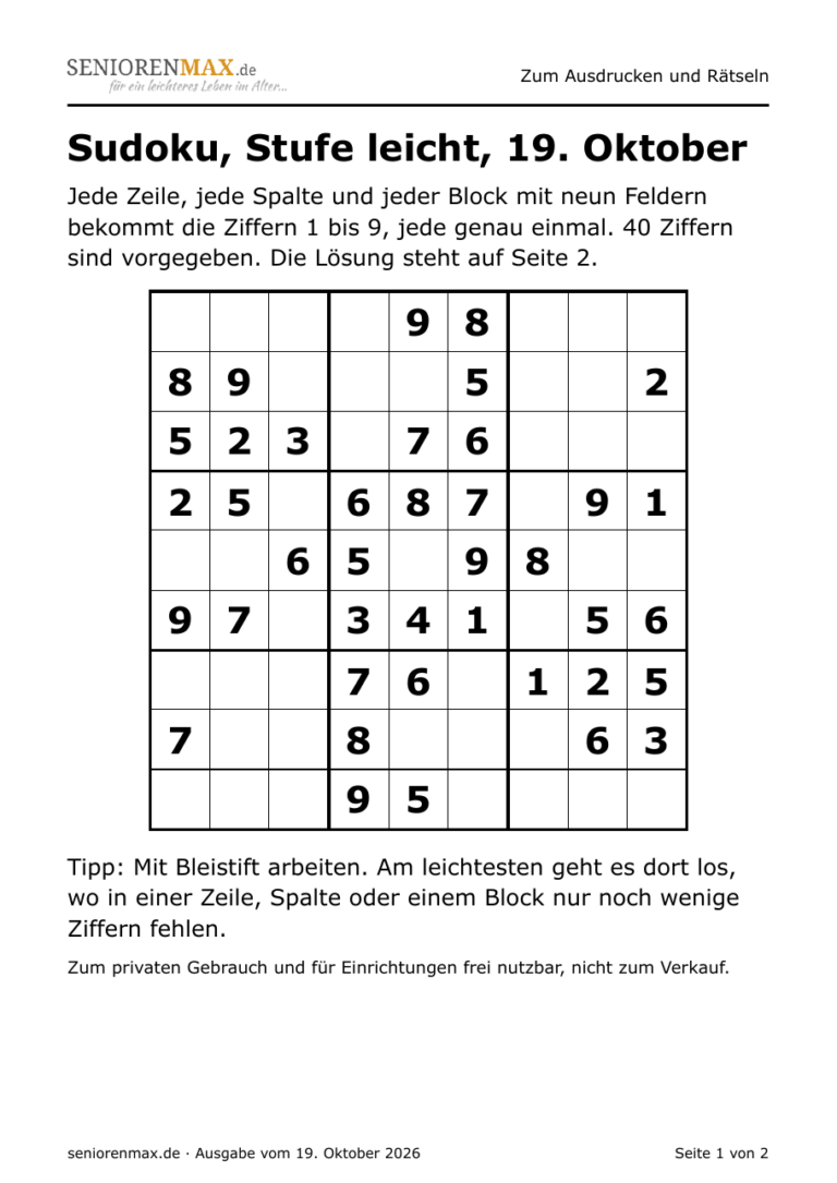 Vorschau: erste Seite der Vorlage Sudoku leicht zum Ausdrucken: Ausgabe 19. Oktober