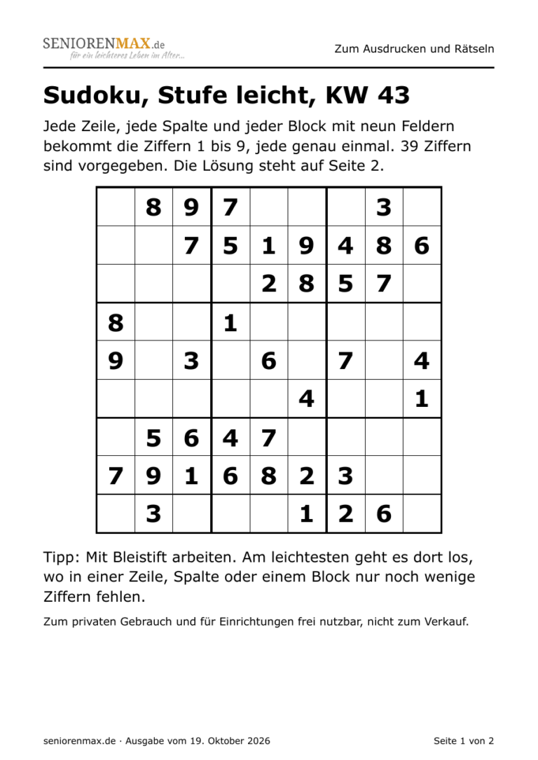 Sudoku-Gitter in Großdruck, neun mal neun Felder, 39 Ziffern vorgegeben