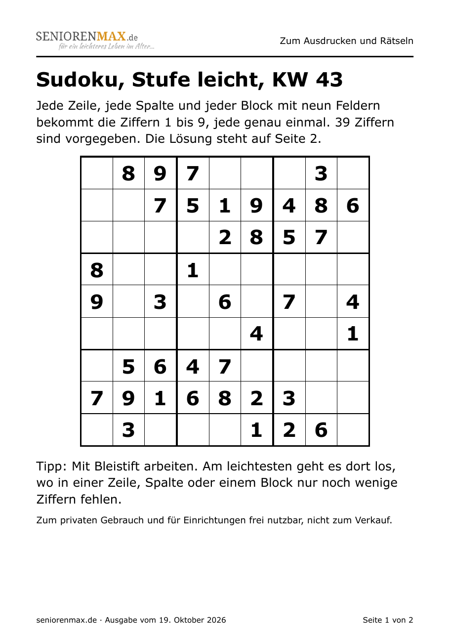 Sudoku-Gitter in Großdruck, neun mal neun Felder, 39 Ziffern vorgegeben