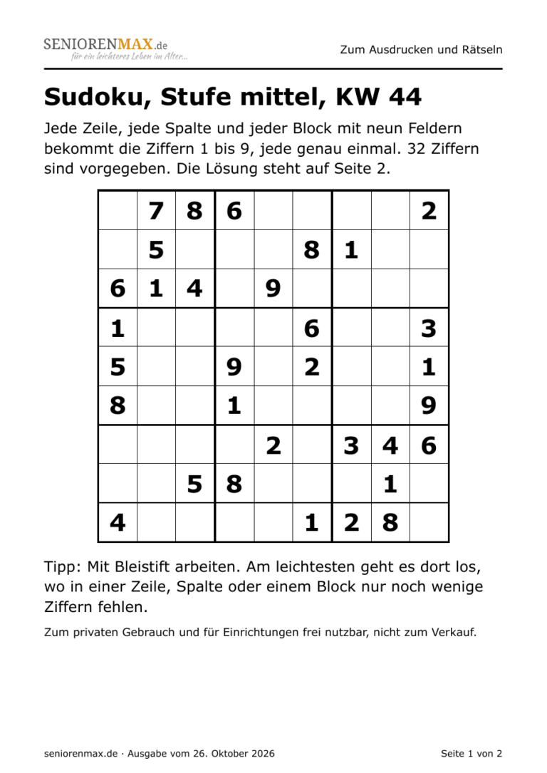 Vorschau: erste Seite der Vorlage Sudoku mittel zum Ausdrucken, Großdruck KW 44