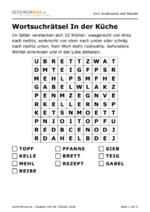 Wortsuchrätsel in Großdruck zum Thema In der Küche, 10 mal 10 Buchstaben, 10 Wörter