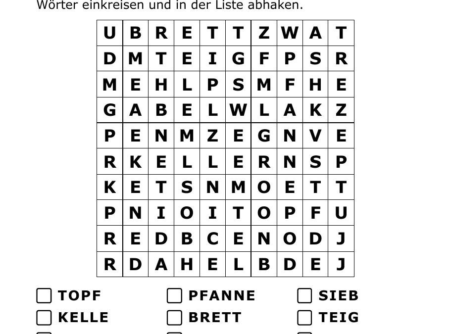 Vorlage des Tages: Buchstabensalat zum Ausdrucken: In der Küche