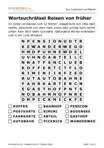 Wortsuchrätsel in Großdruck zum Thema Reisen von früher, 12 mal 12 Buchstaben, 12 Wörter